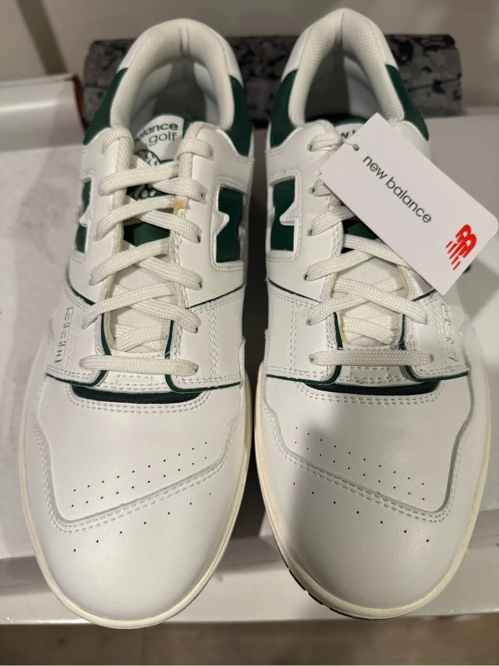 New Balance Men’s White and Dark Green Leather Sneakers
